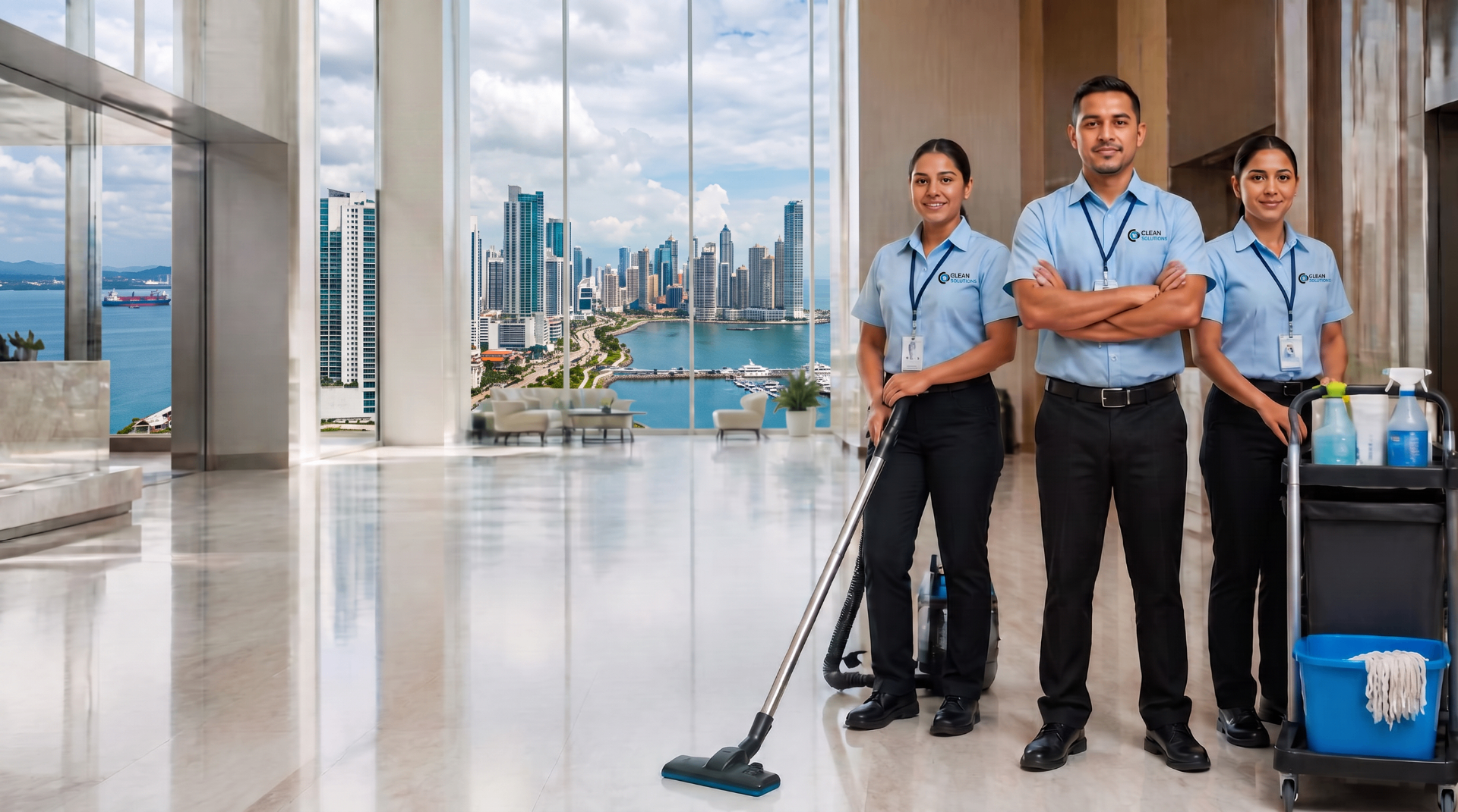Equipo profesional de limpieza corporativa Clean Solutions en oficina en Panamá