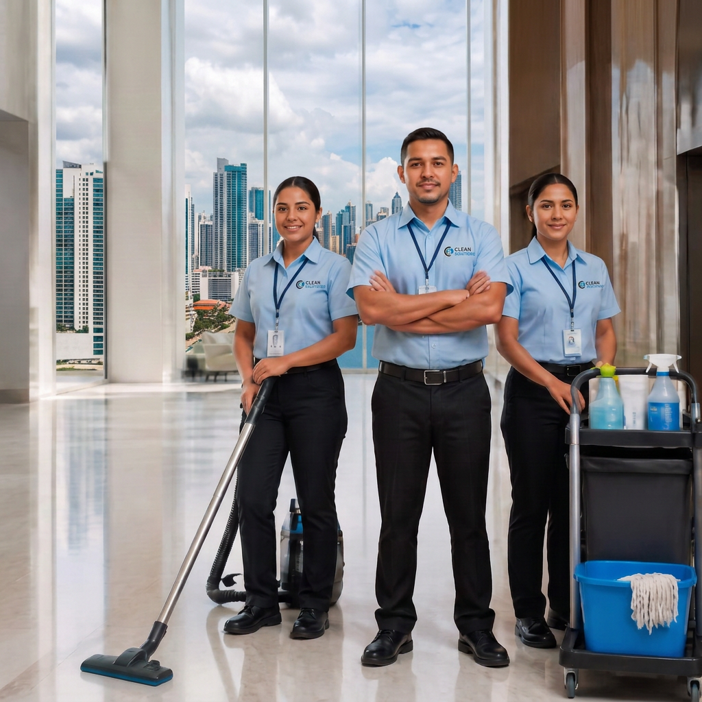 Equipo profesional de limpieza corporativa Clean Solutions en oficina en Panamá